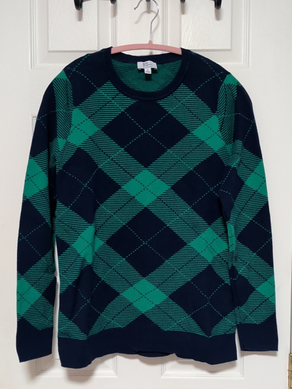 2 For $20 Kim Rogers Navy and Green Argyle Crewneck Sweater